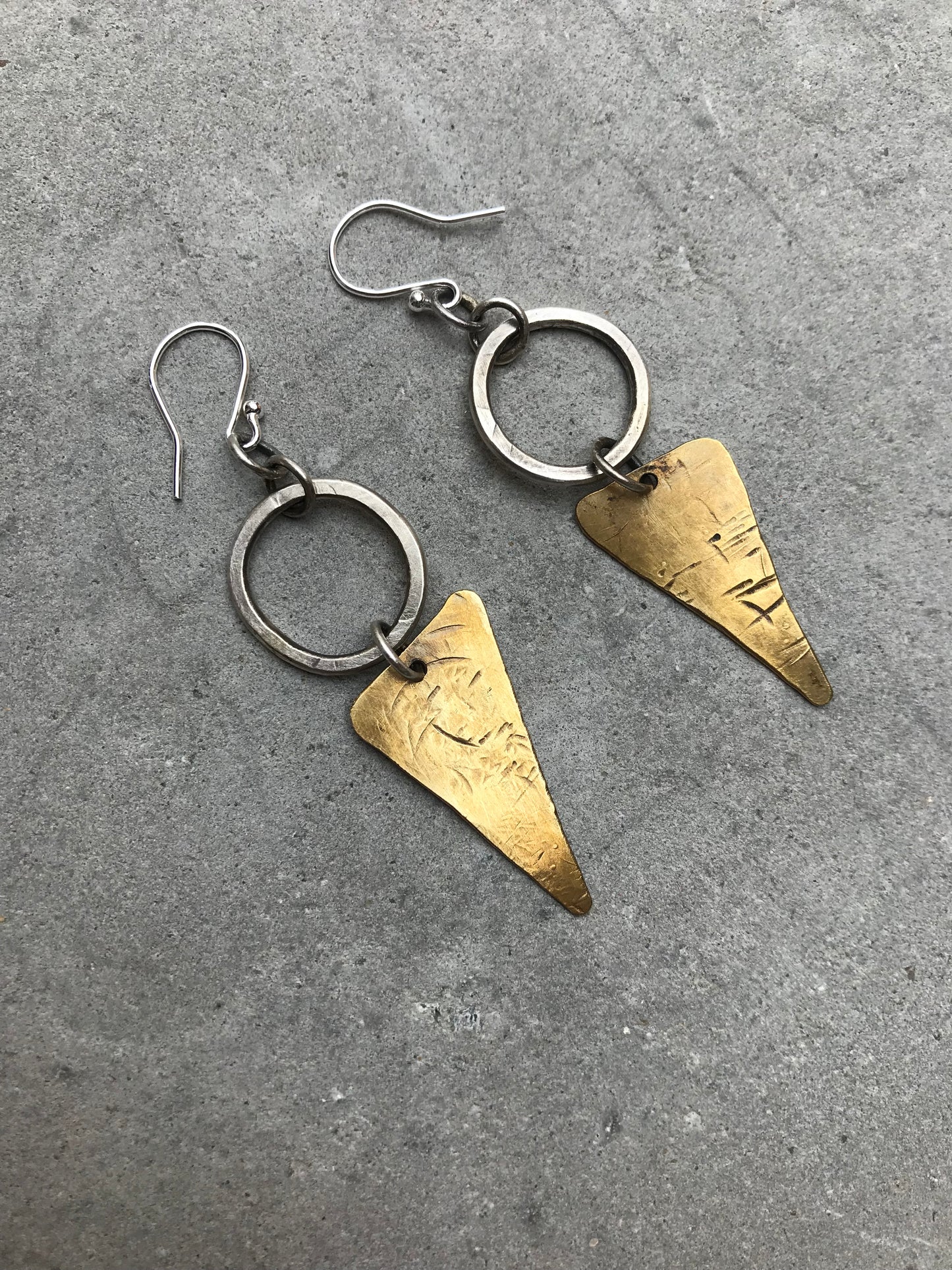 Brass and Sterling Silver Oxidised Earrings. Triangle