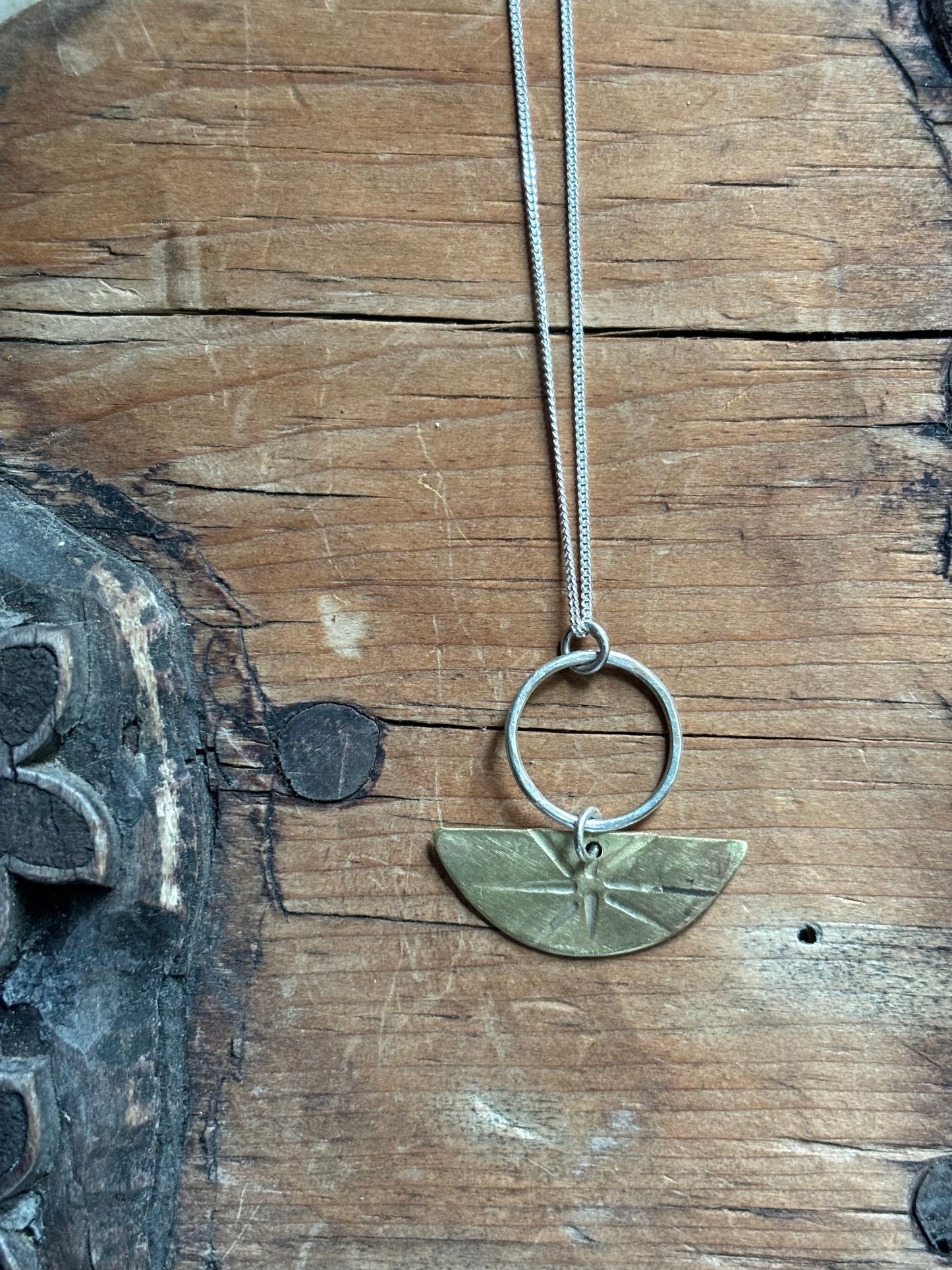 Brass & Sterling Silver Tribal Half Moon Pendant