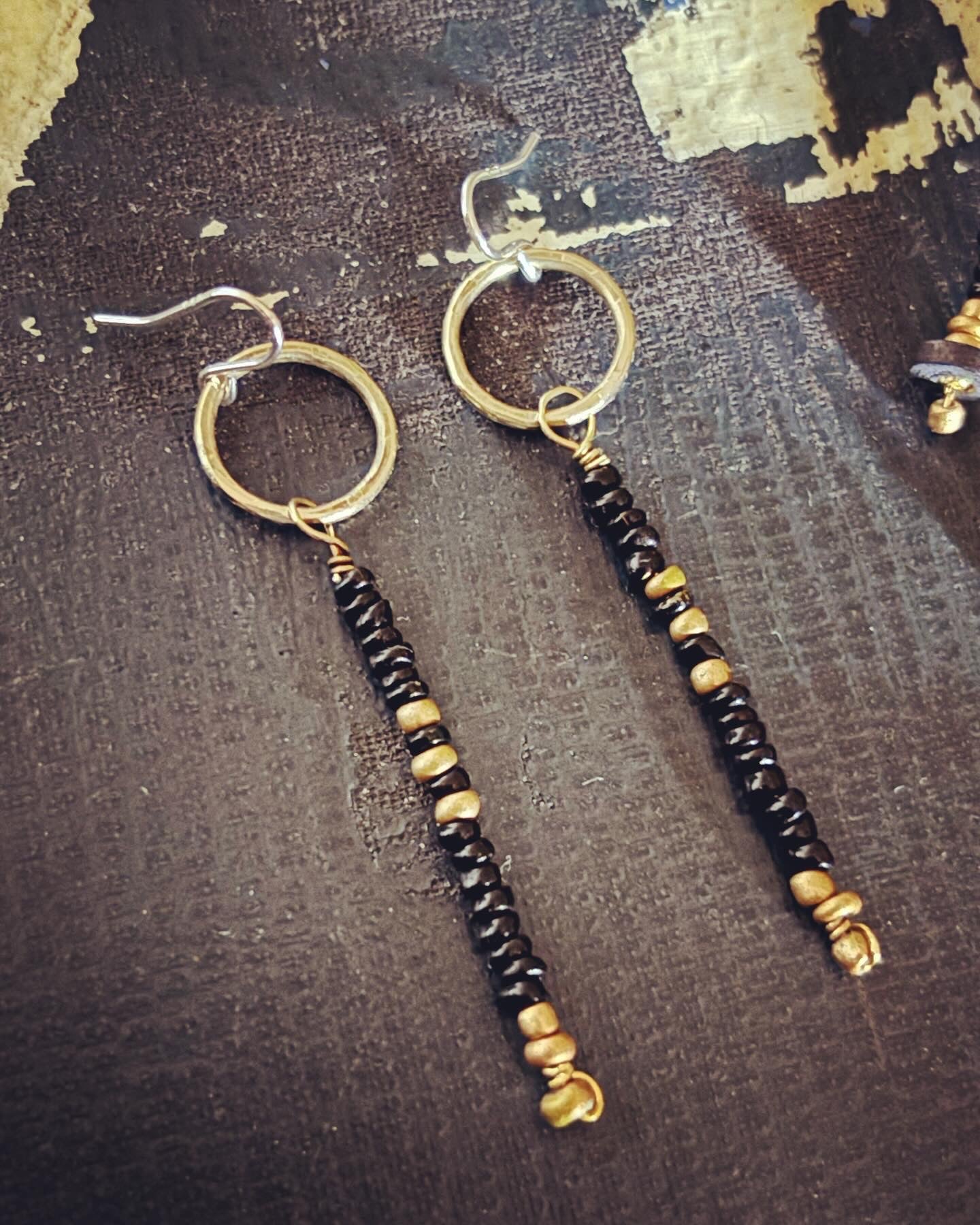 Brass Hoop, Black & Gold Bead Dangle Earrings