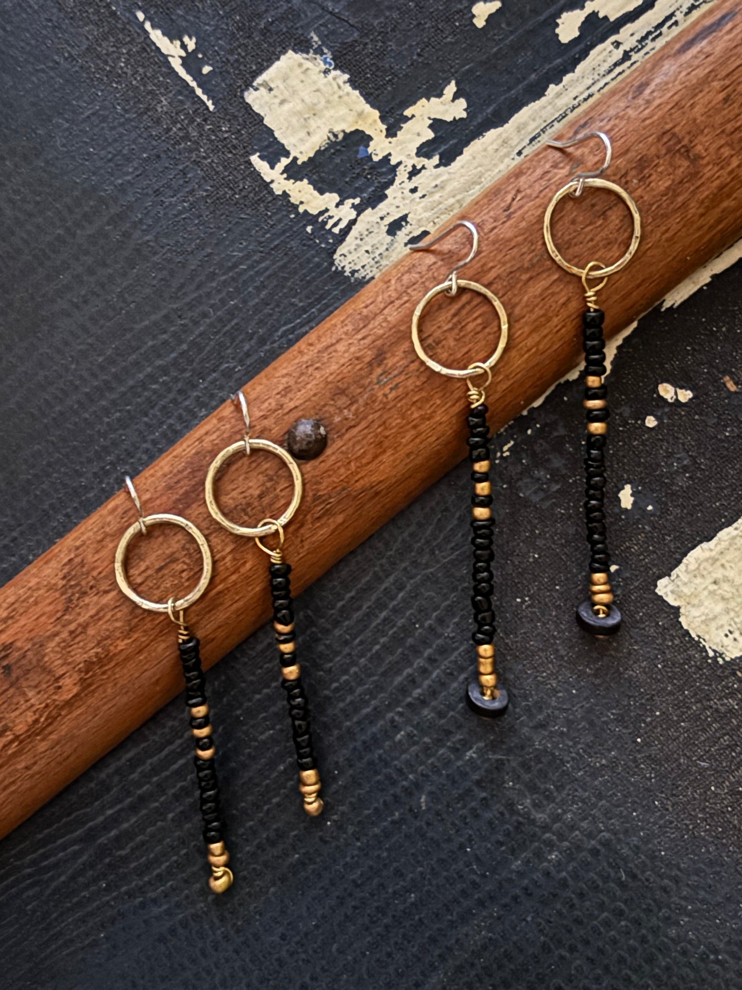 Brass Hoop, Black & Gold Bead Dangle Earrings