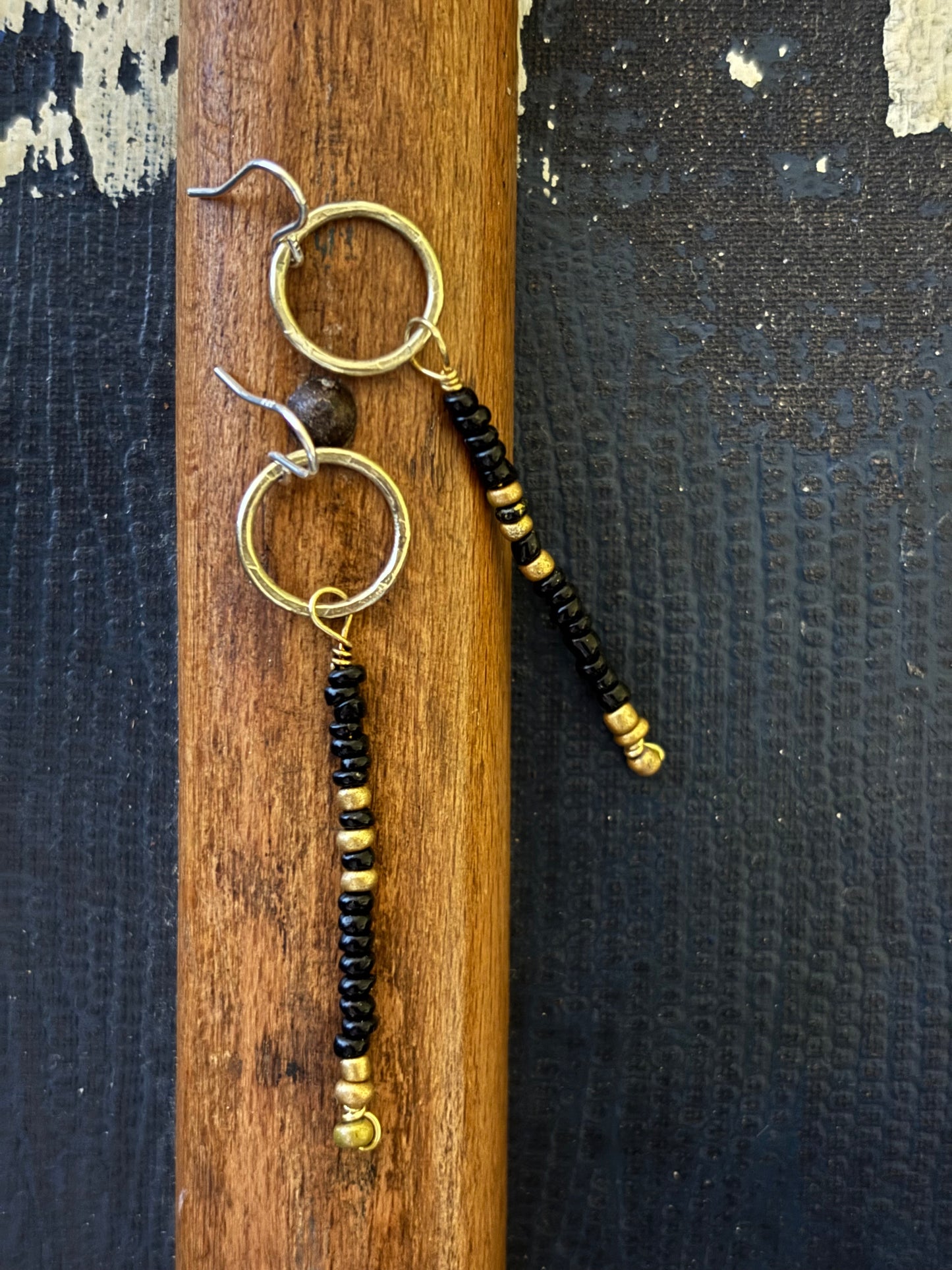 Brass Hoop, Black & Gold Bead Dangle Earrings