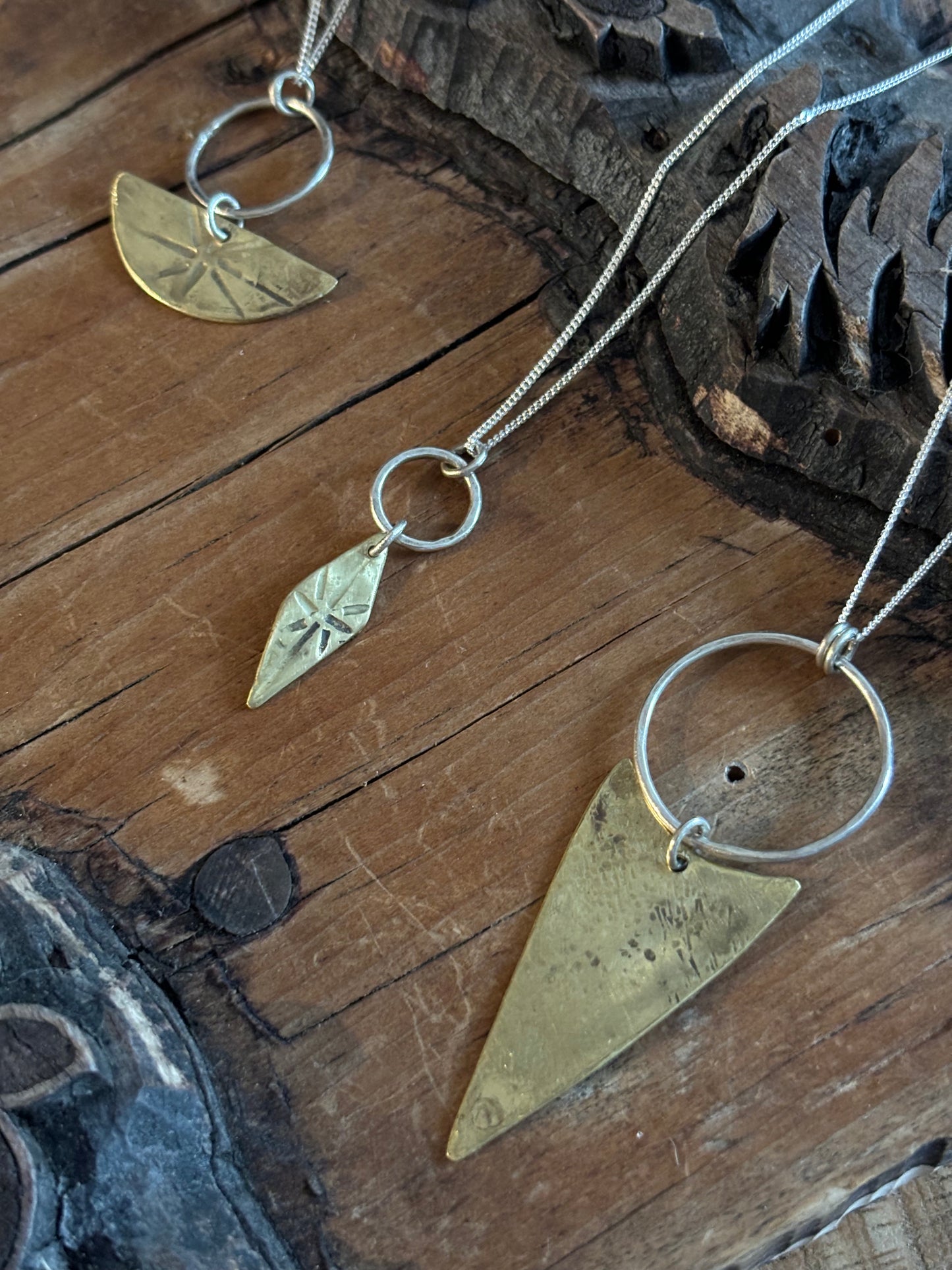 Brass & Sterling Silver Tribal Half Moon Pendant