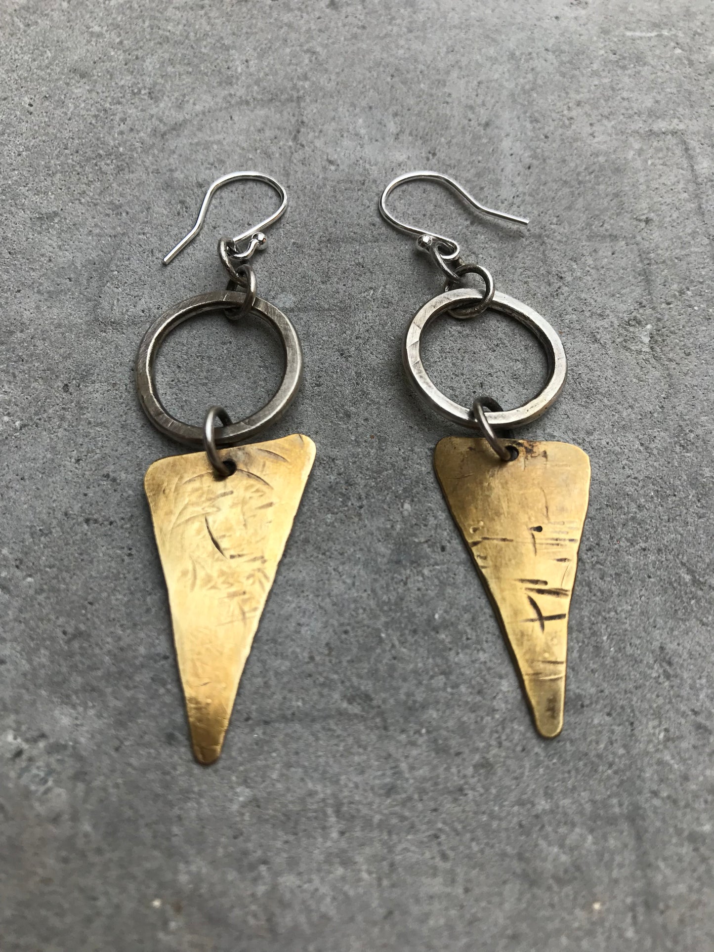 Brass and Sterling Silver Oxidised Earrings. Triangle