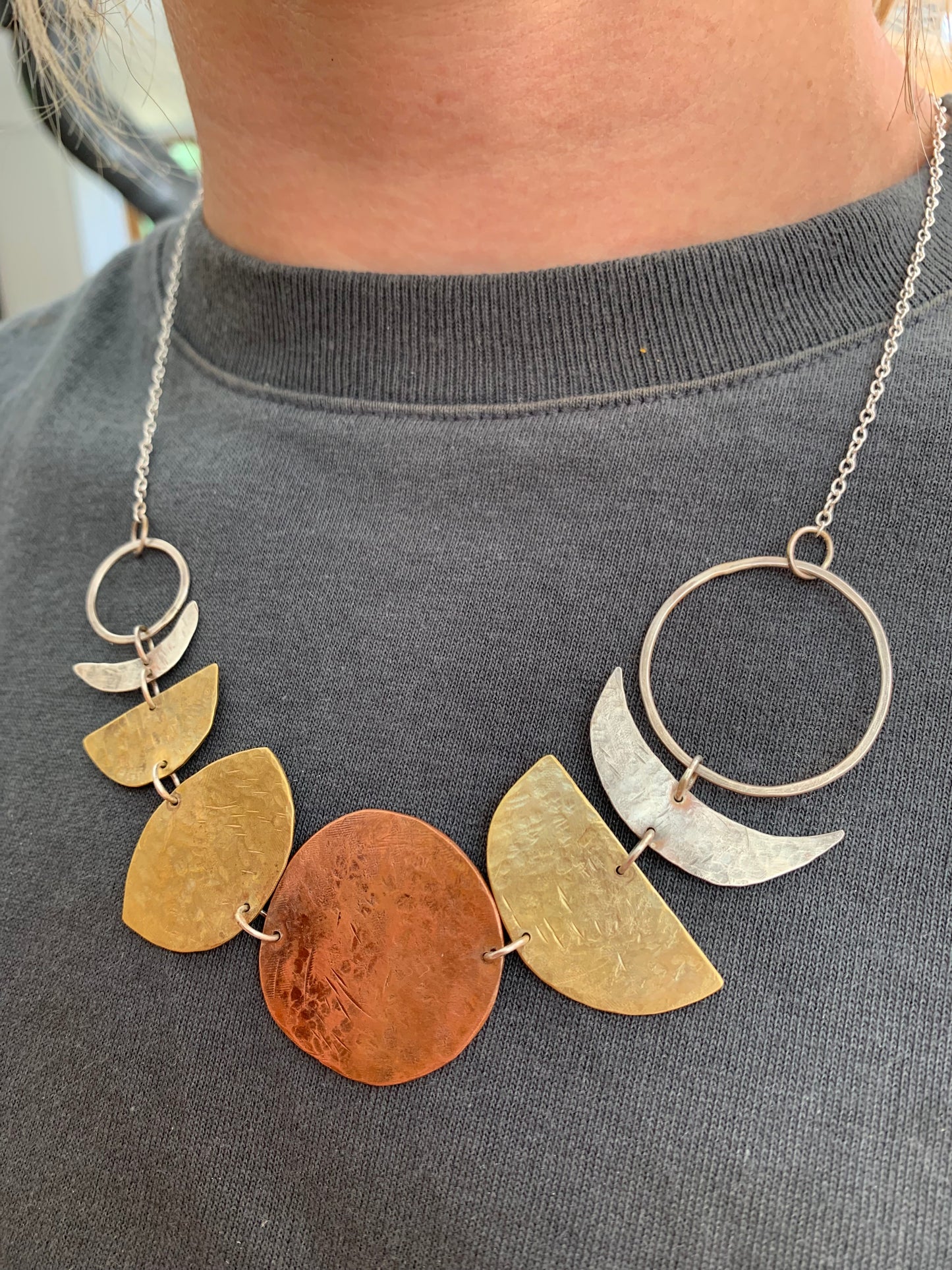 Sterling Silver, Brass & Copper Moon Phase Necklace