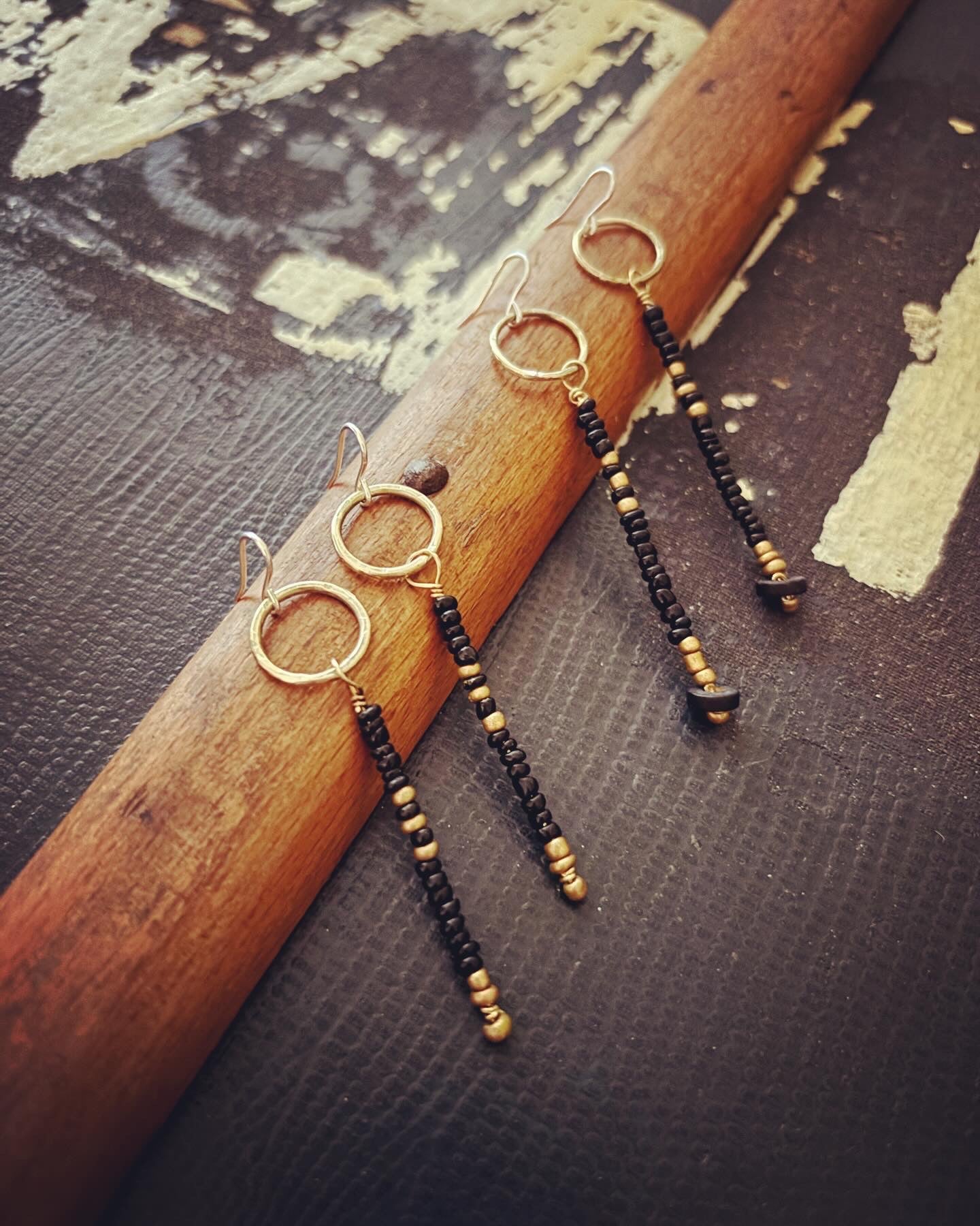 Brass Hoop, Black & Gold Bead Dangle Earrings