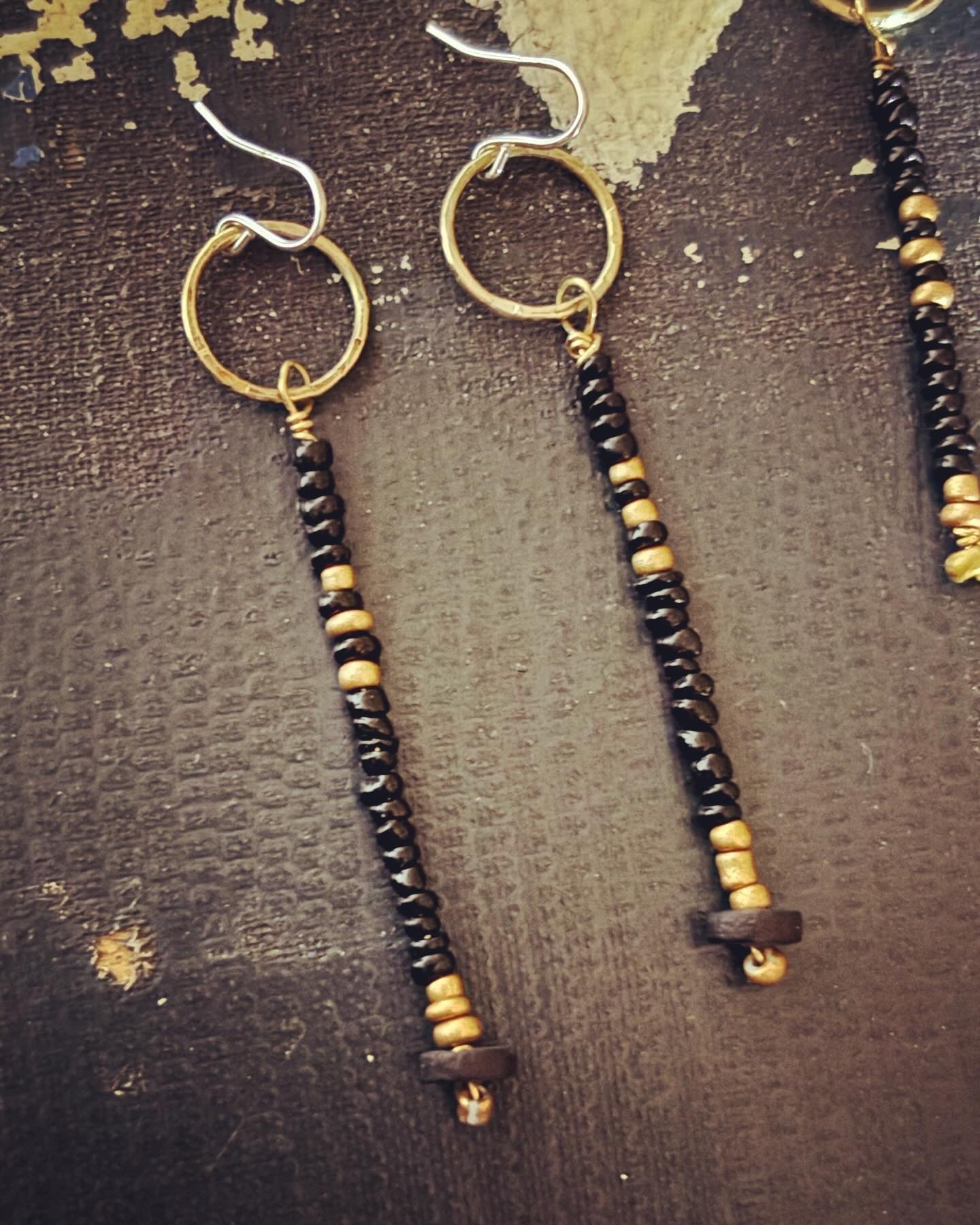 Brass Hoop, Black & Gold Bead Dangle Earrings