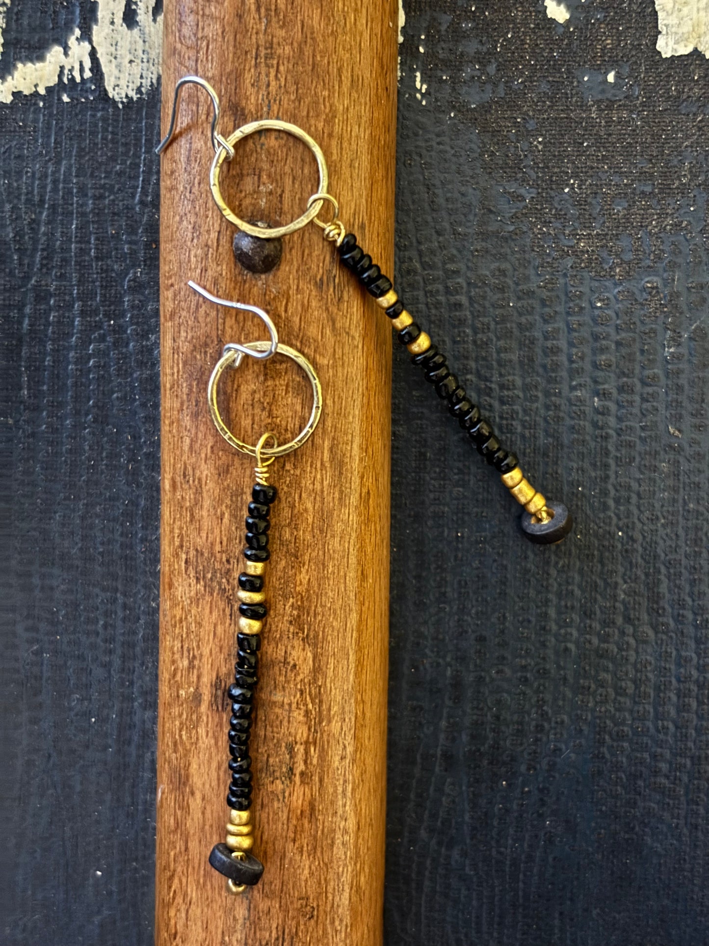 Brass Hoop, Black & Gold Bead Dangle Earrings