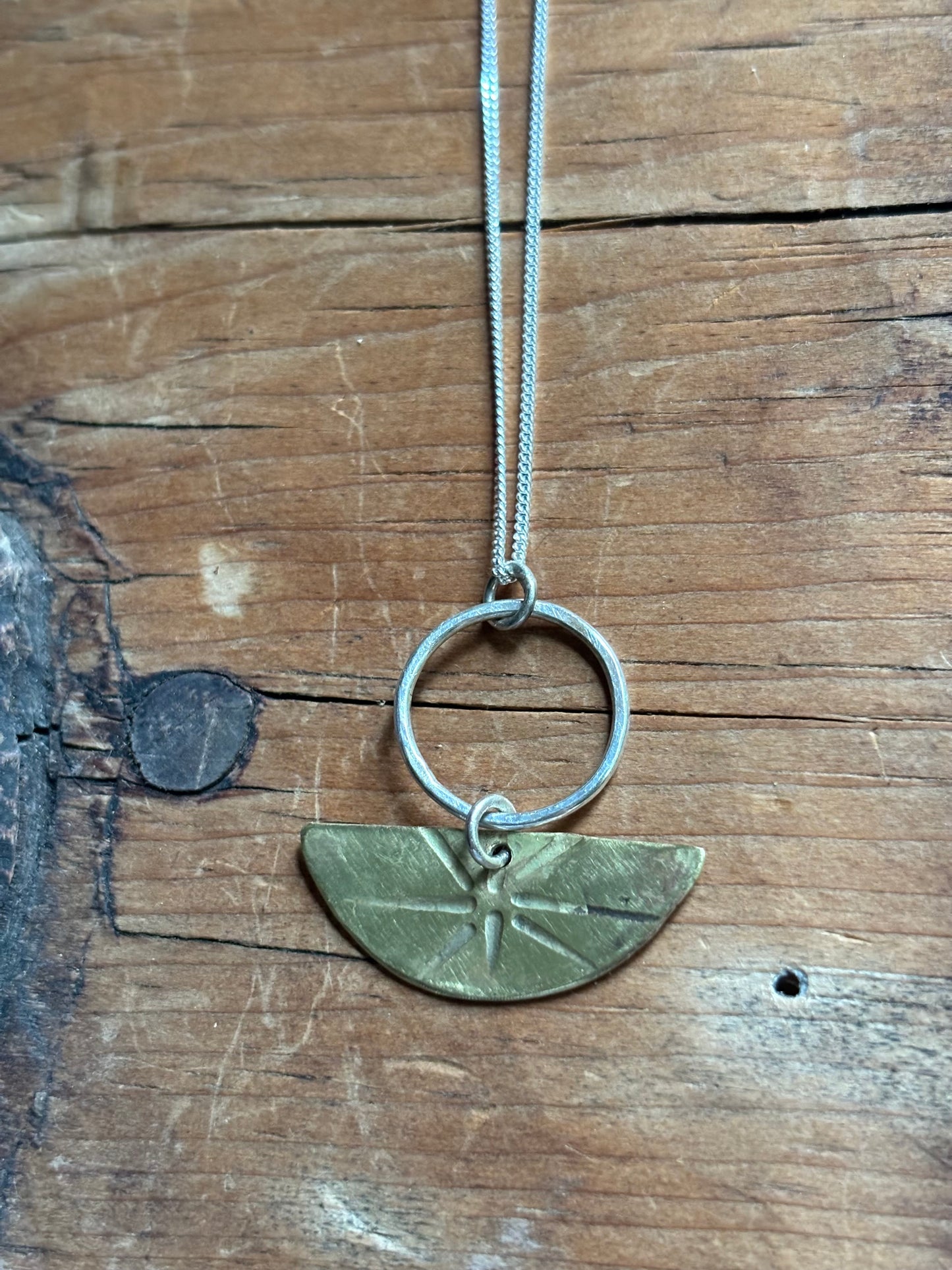 Brass & Sterling Silver Tribal Half Moon Pendant