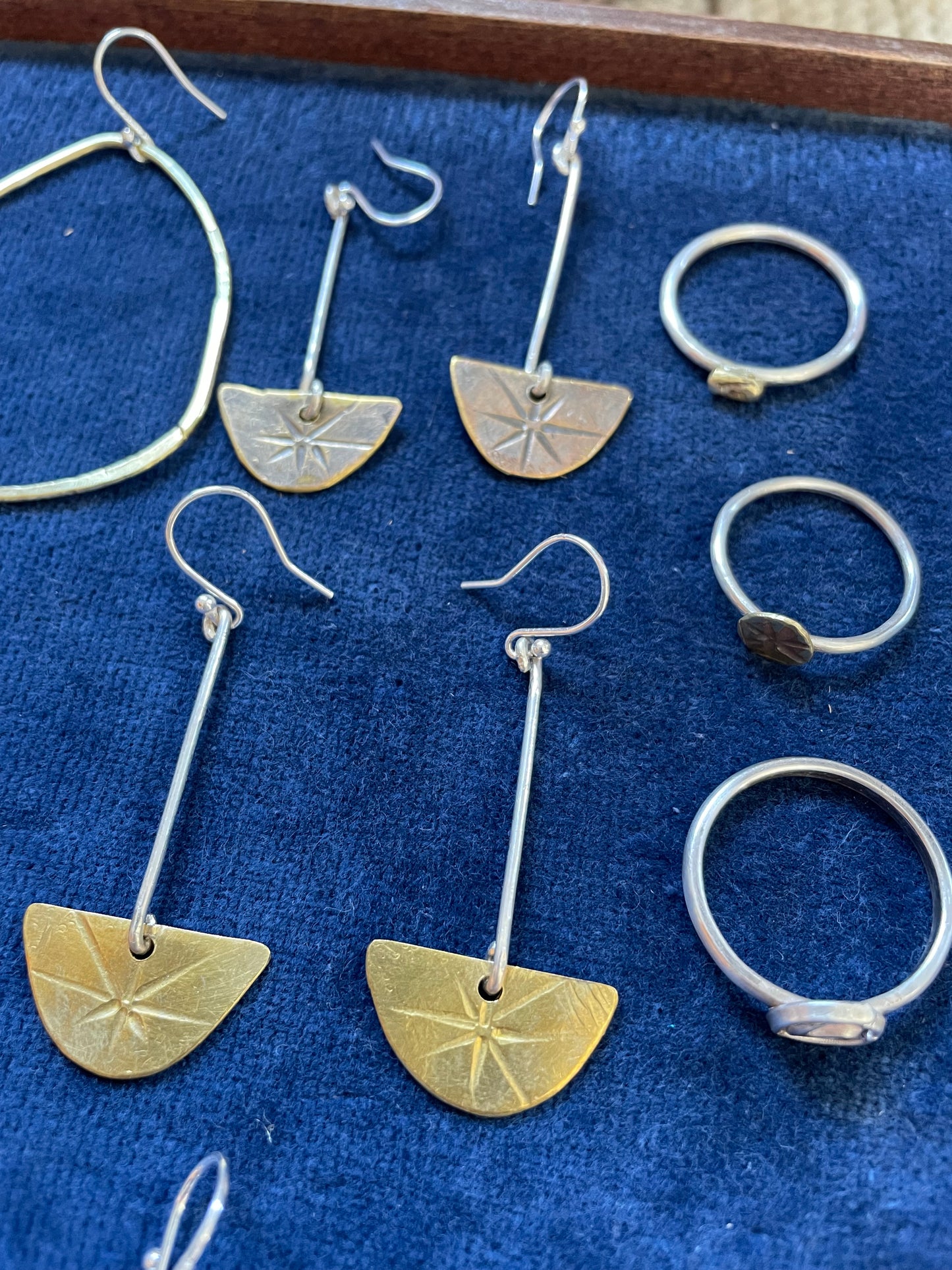 Brass and Silver Starburst Half Moon Earrings