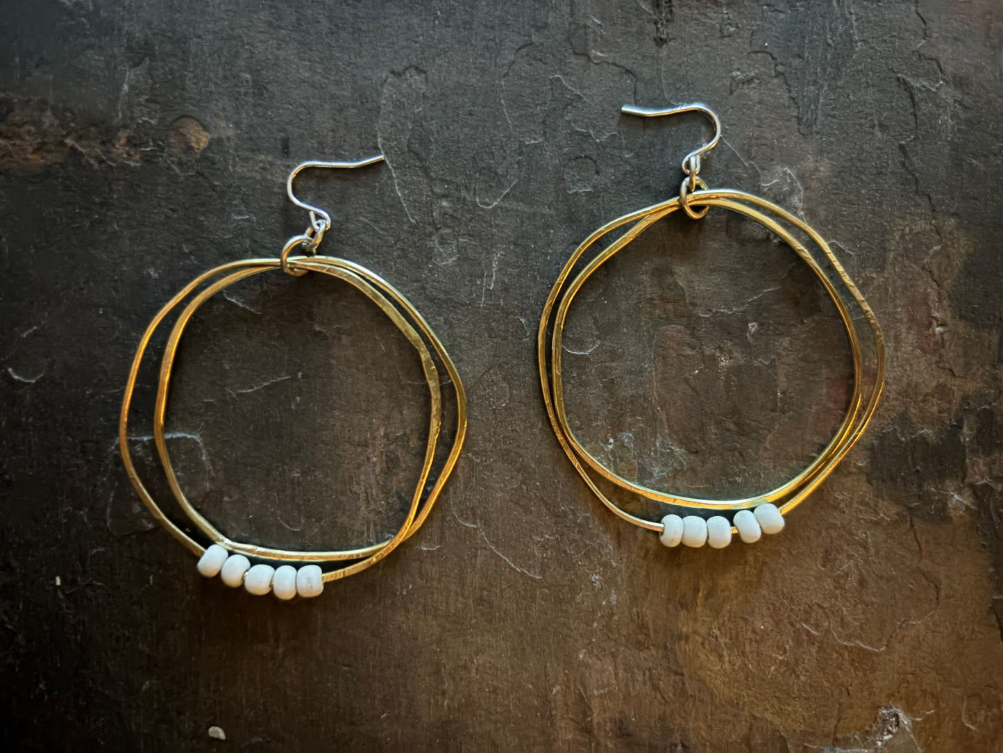 Brass Double Hoop with White Beads