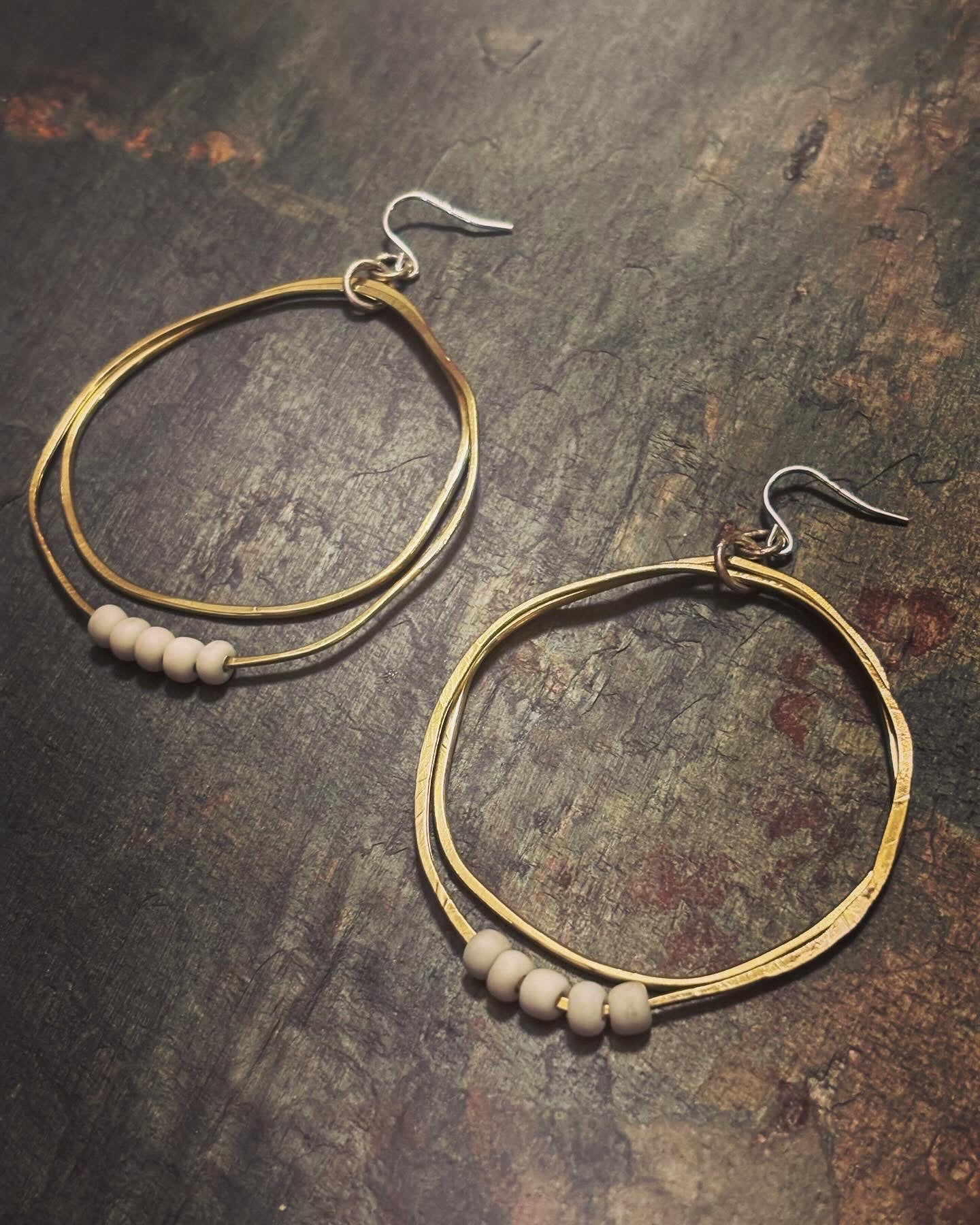 Brass Double Hoop with White Beads
