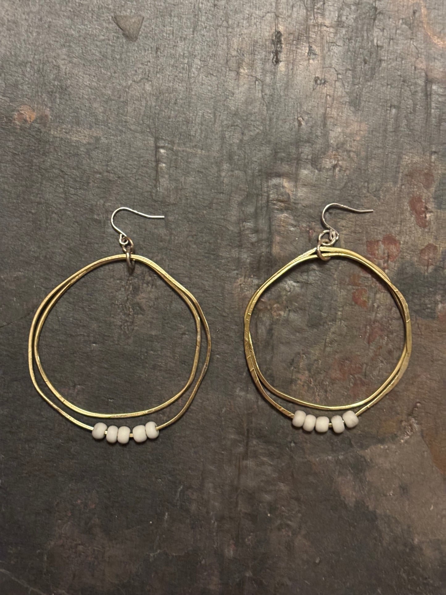 Brass Double Hoop with White Beads