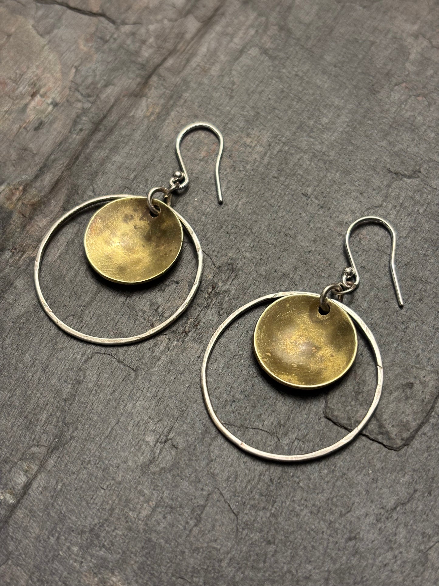 Domed Brass & Silver Hoop Earrings