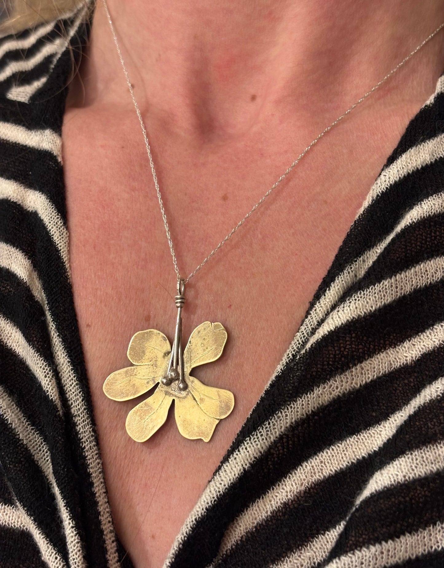 Brass and Silver Skeleton Flower Pendant
