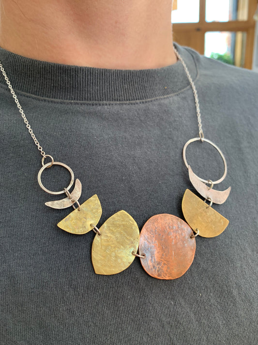 Sterling Silver, Brass & Copper Moon Phase Necklace