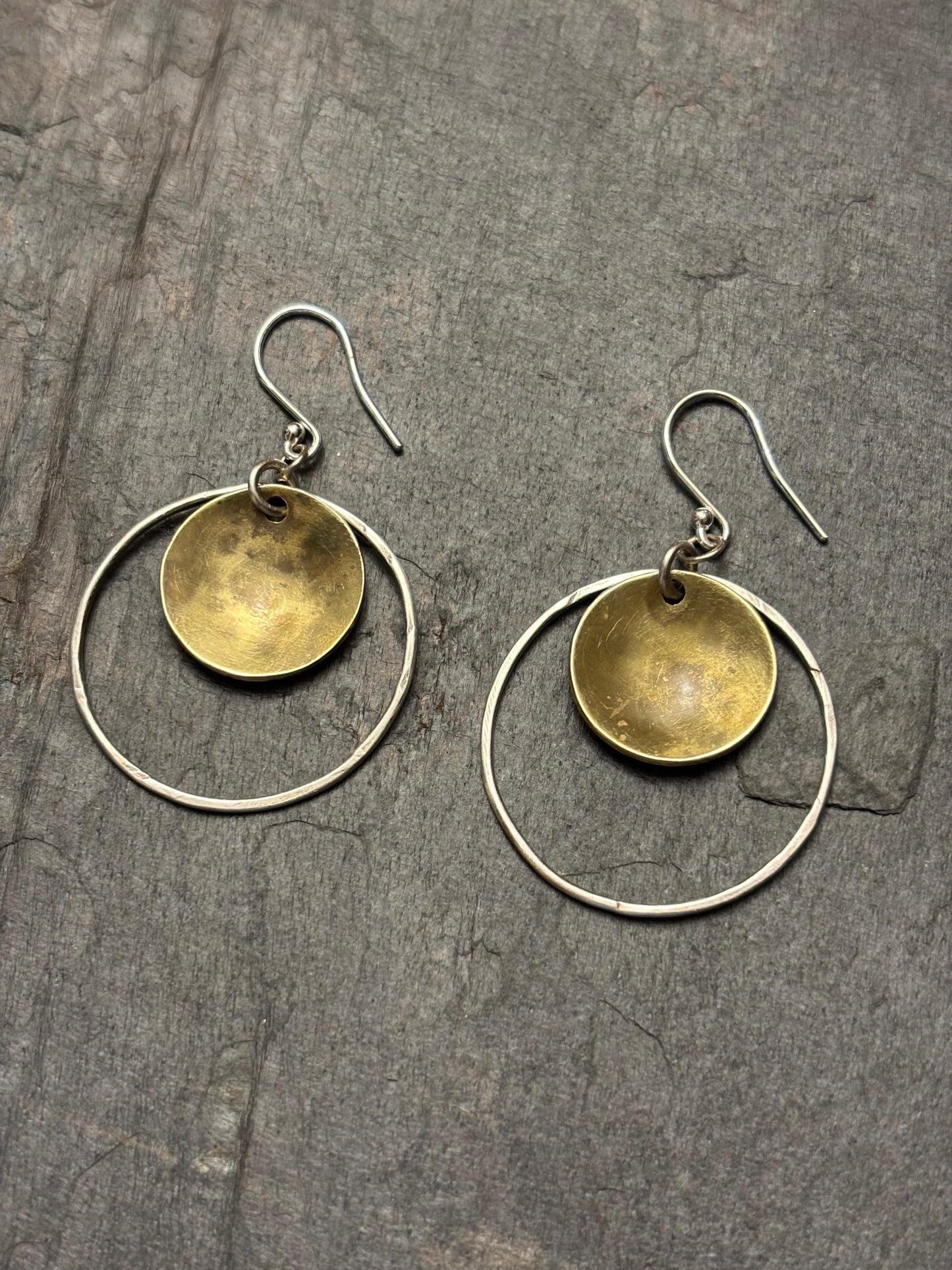 Domed Brass & Silver Hoop Earrings