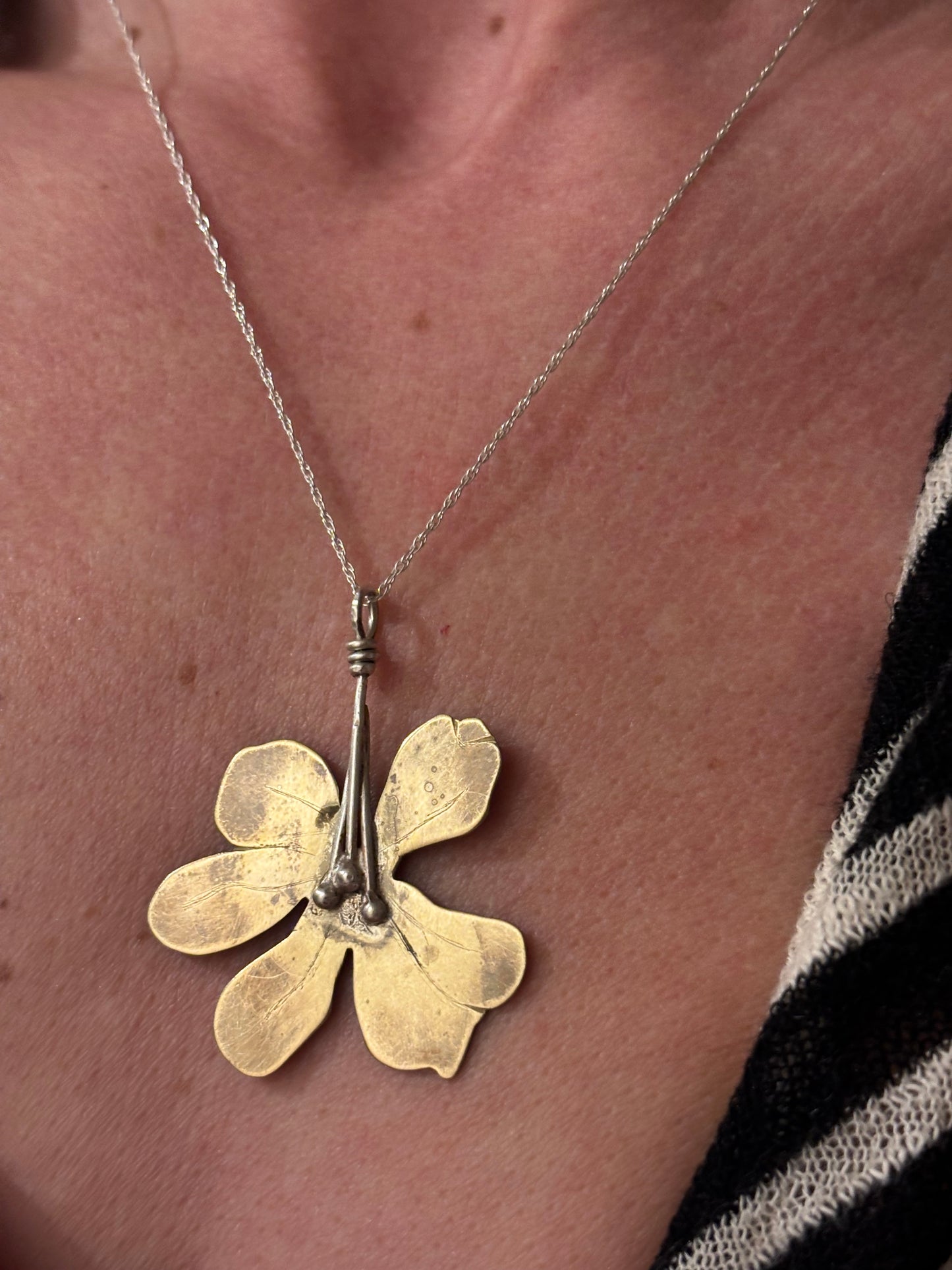 Brass and Silver Skeleton Flower Pendant
