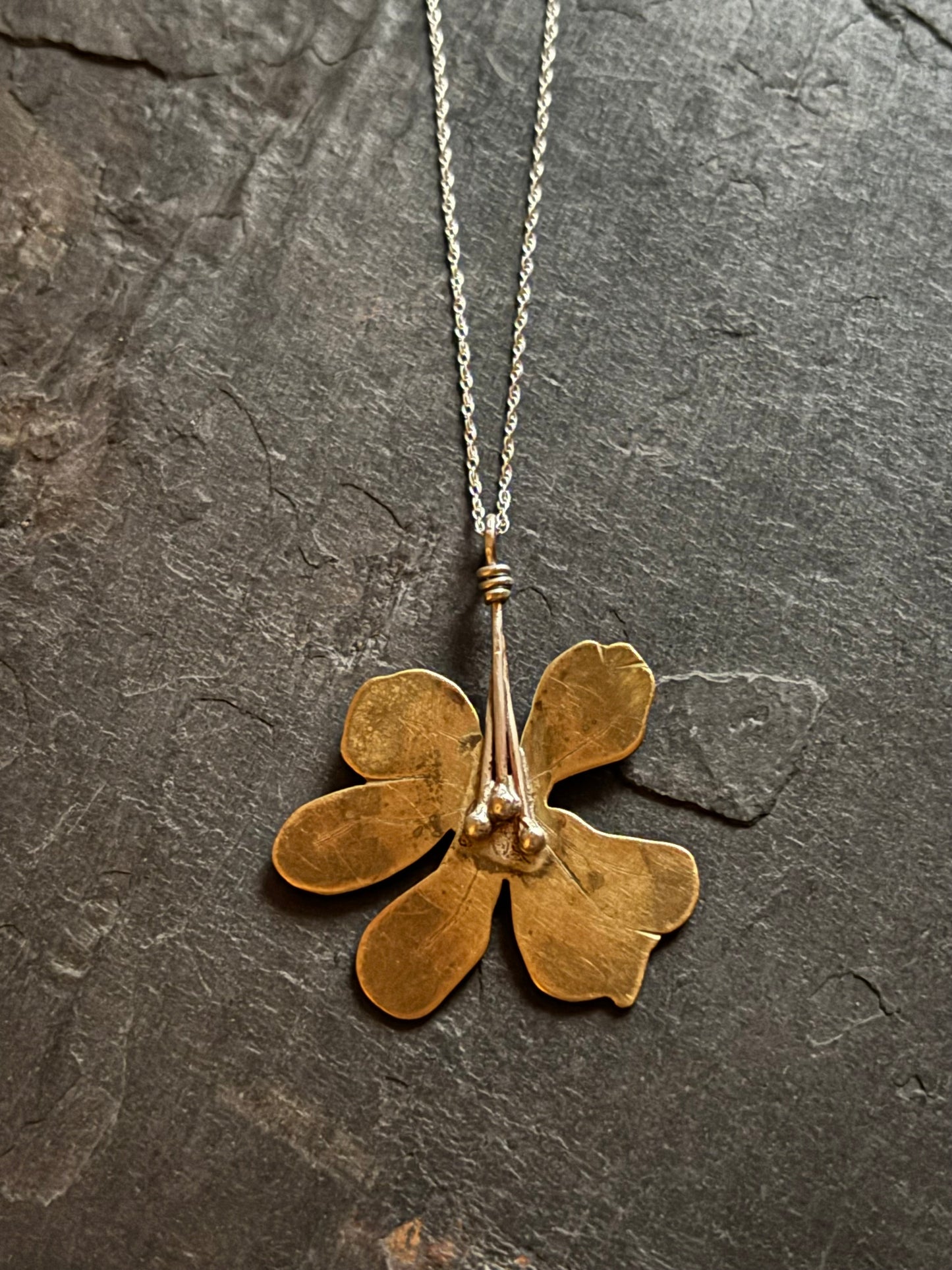 Brass and Silver Skeleton Flower Pendant