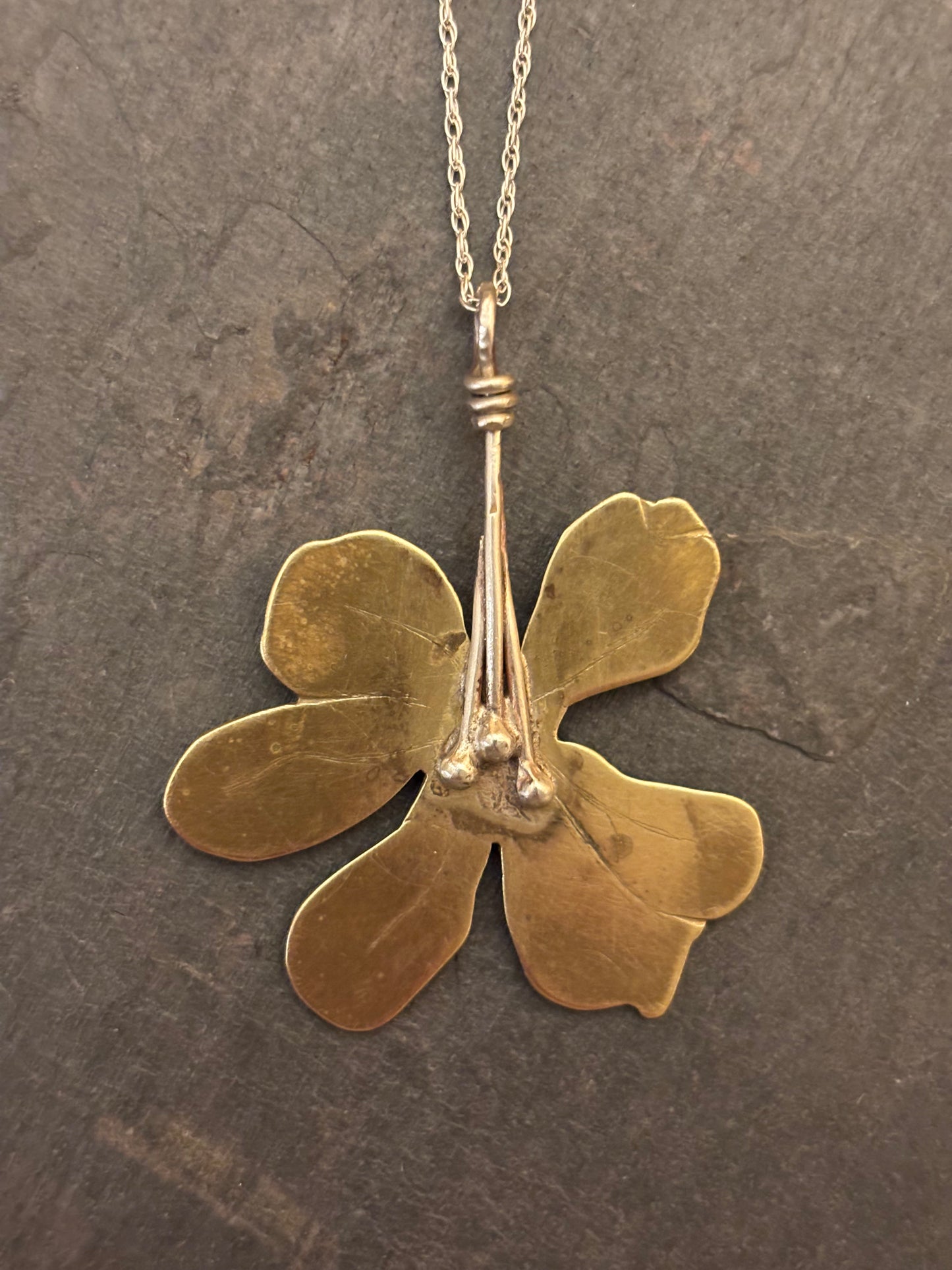 Brass and Silver Skeleton Flower Pendant