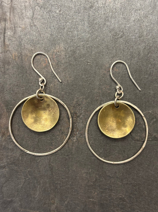 Domed Brass & Silver Hoop Earrings